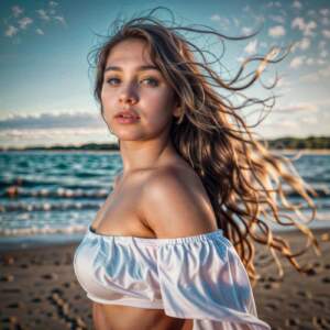 Mujer chica en la playa pelo viento inteligencia artificial